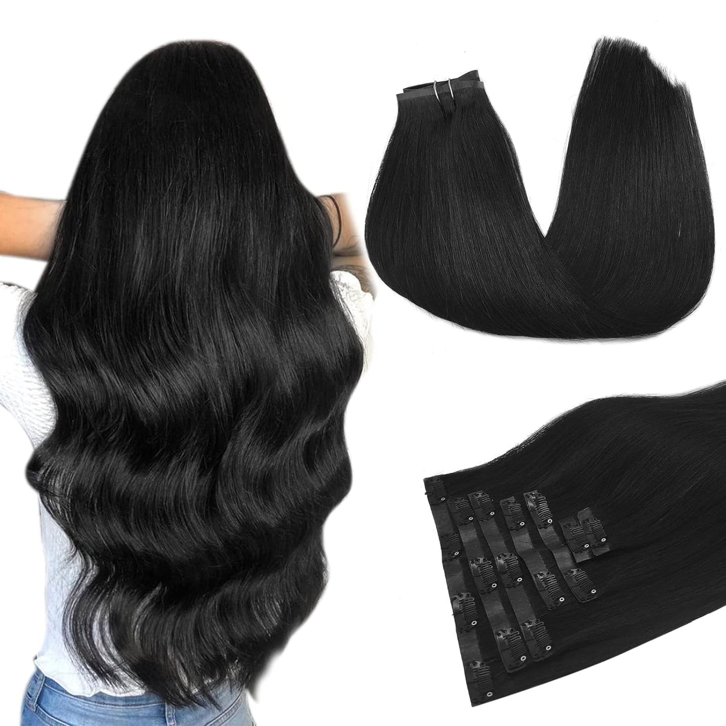 Doores Hair Extensions Real Human Hair, Jet Black 160G 7Pcs 24 Inch, Hair Extensions Clip In Human Hair Extensions Clip Ins Stra