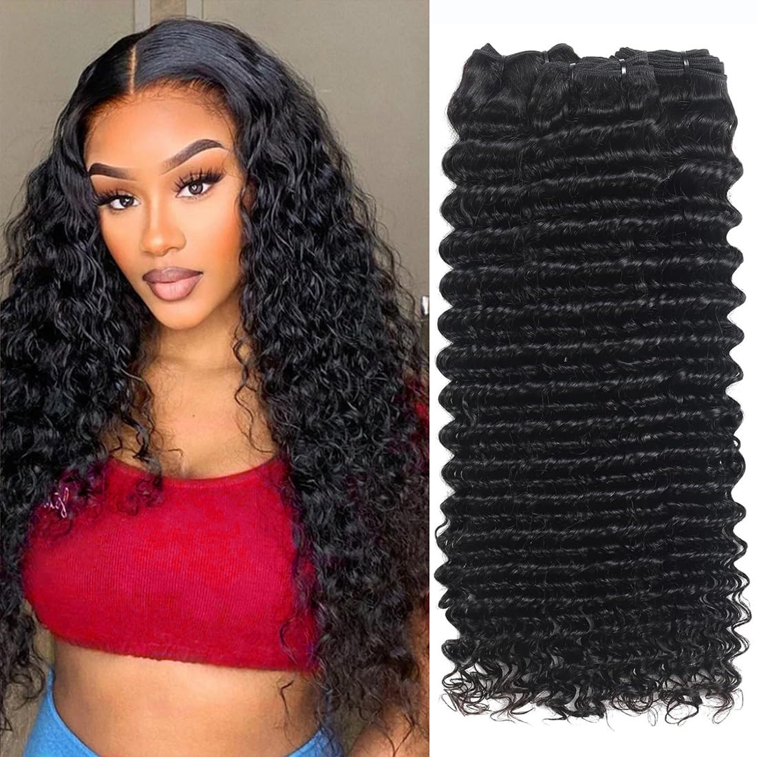 Jinhongze Deep Wave Human Hair Bundles 14 16 18 Inch Deep Curly Bundles Human Hair 12A Unprocessed Brazilian Virgin Weave 3 Bund