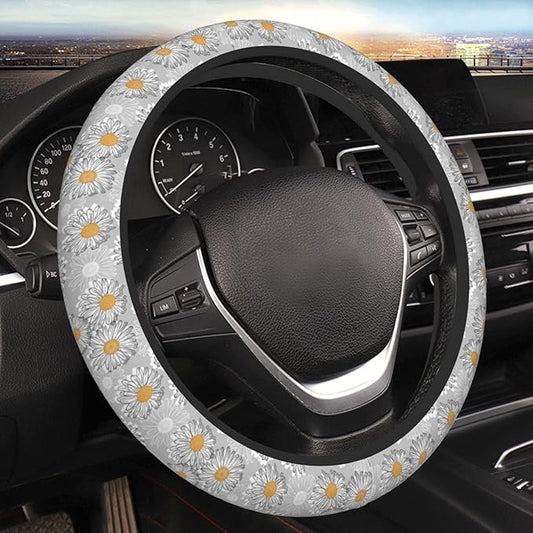 Floral Daisy Steering Wheel Cover Women Men Vintage Flower Elastic Stretch Soft Car Wheel Protector Universal Breathable No-Slip Car Accessories for Truck Van SUV Auto Fit 14-15 Inches