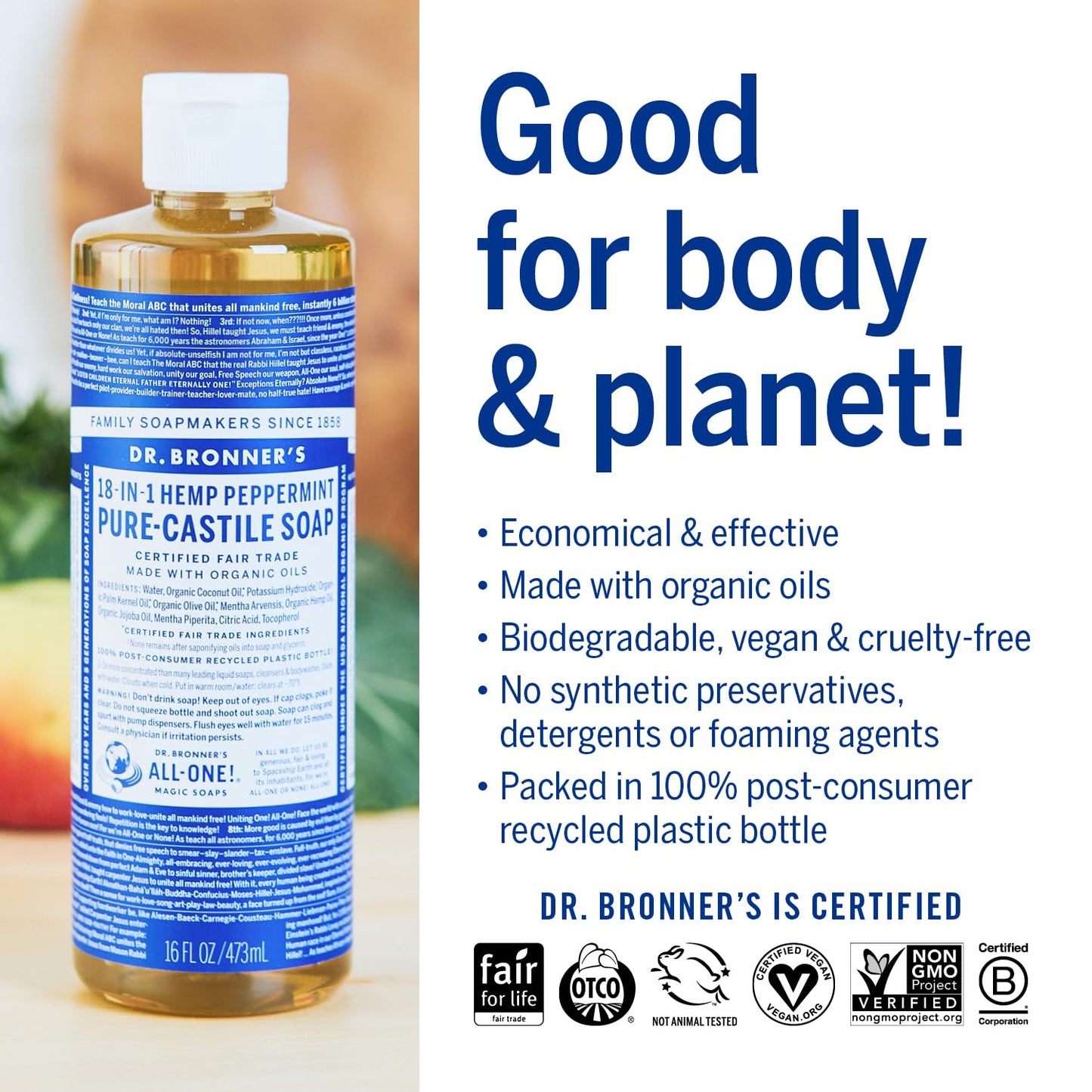 Dr. Bronner's Peppermint Pure-Castile Liquid Soap | 16 Oz | 2-Pack | Vegan & Organic
