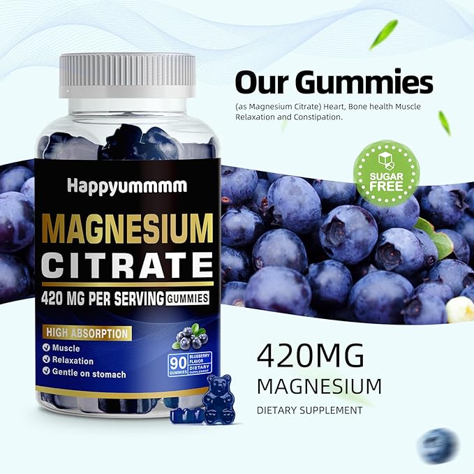 Magnesium Citrate Gummies 420mg per Serving - Promotes Healthy Relaxation, Muscle, Bone, & Energy Support (90 Blueberry Gummies).