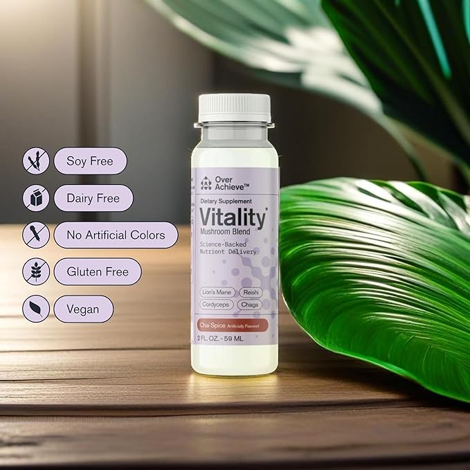 Mushroom Supplement Drink, Fast-Acting Vitality Blend, Cordyceps, Reishi, Chaga, Lion’s Mane,Ashwaganda, for Adults, Chai Spice Flavor 2 fl oz (3 Pack)