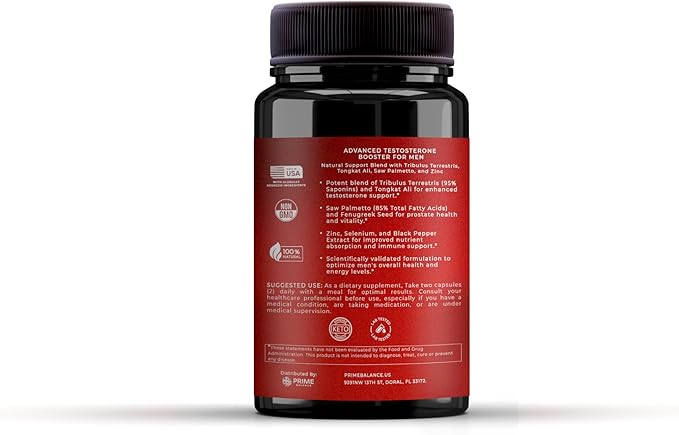 PRIME BALANCE Men’s Health Advanced Testosterone Support Supplement with Tribulus Terrestris, Zinc, Black Pepper, and Selenium – 90 Capsules – 45 Days Supply