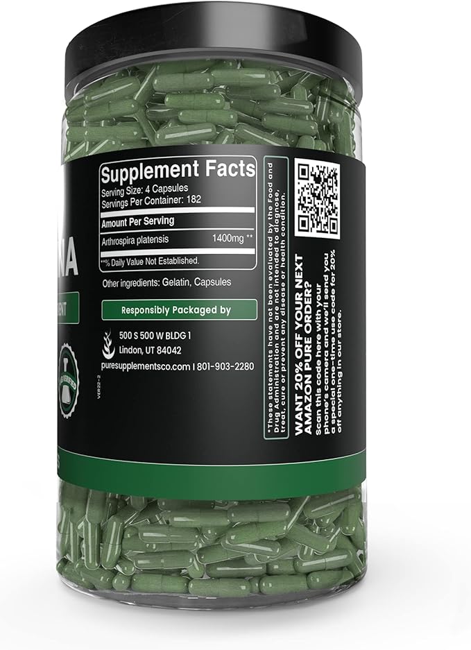 PURE ORIGINAL INGREDIENTS Spirulina (730 Capsules) No Magnesium Or Rice Fillers, Always Pure, Lab Verified