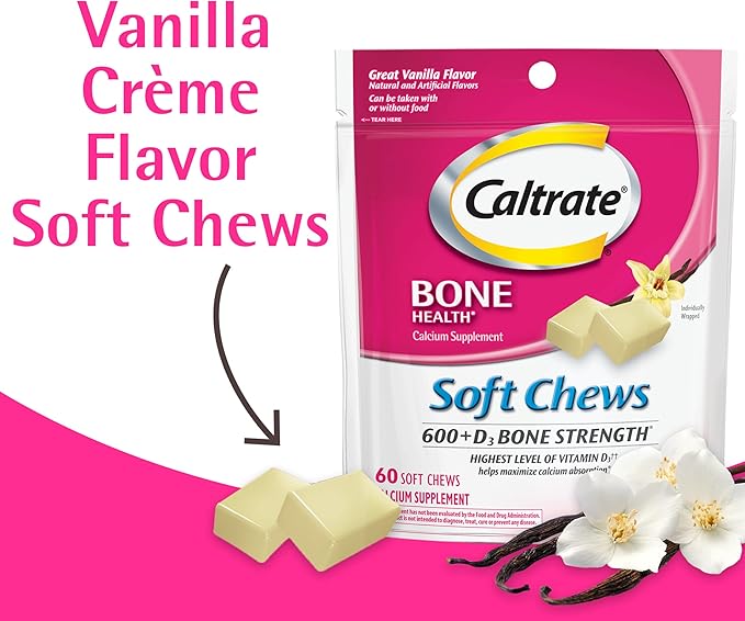 Caltrate Soft Chews 600 Plus D3 Calcium Vitamin D Supplement, Vanilla Creme - 60 Count