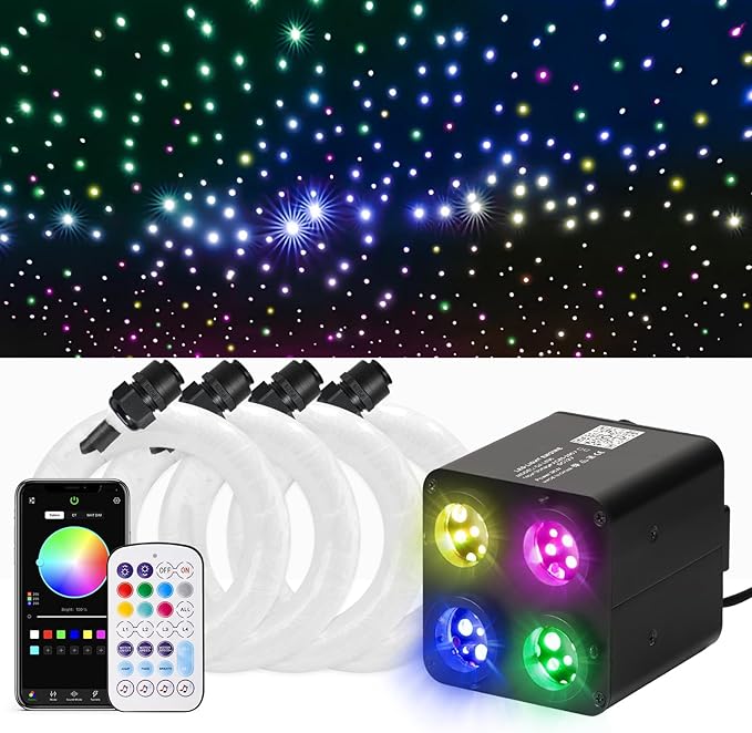 36W 4-Color RGBW Car Starlight Headliner Kit, 1000pcs0.03in9.8ft, Twinkle & Sound Activate 4-Port Fiber Optic Light Engine with Bluetooth APP&Remote Control, Star Lights for Car and Home