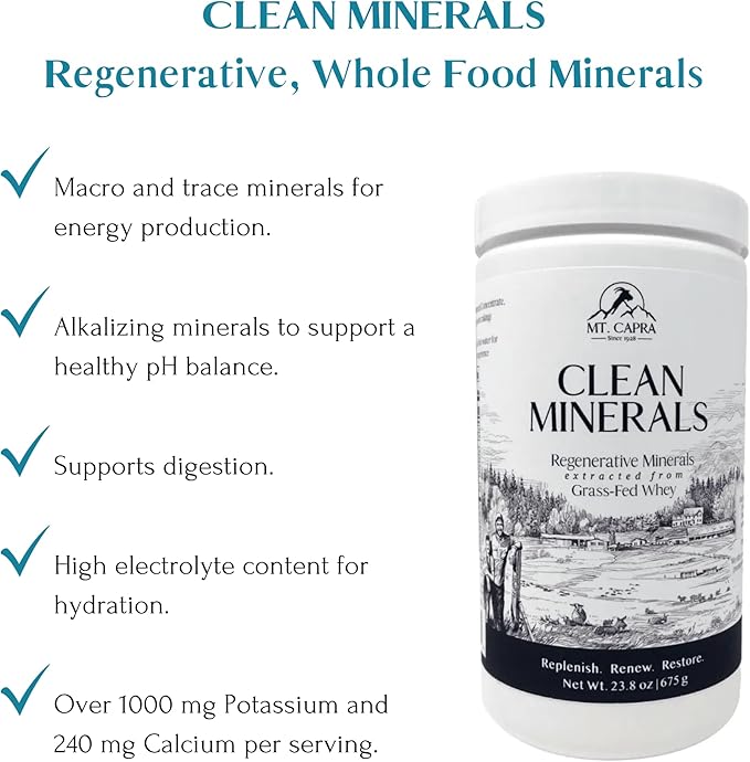 Mt. Capra Clean Minerals | Regenerative Minerals Extracted from Grass-Fed Goat Whey, Over 1000 mg Potassium, 240 mg Calcium, Multimineral, Bioavailable, Easy to Digest | 30 Servings - 23.8 oz