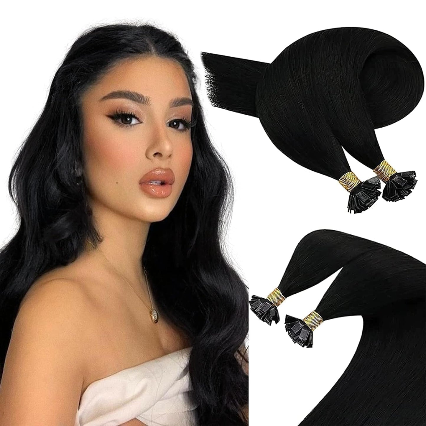 Sunny Hair Black Flat Tip Hair Extensions Human Hair Flat Tip Extensions Jet Black Flat Tip Real Hair Extensions 20Inch Flat Tip