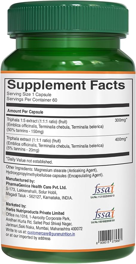 Pure Nutrition Triphala Extract 700mg - 60 Caps (Extract Equiv. to 1900mg Triphala Fruit Powder) Non GMO | Once Daily | 60 Days Supply.
