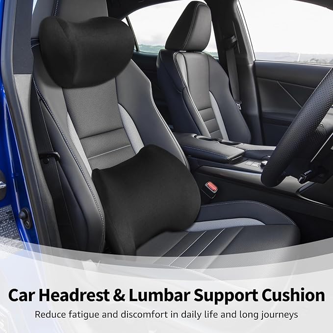 Car Headrest Lumbar Support Cushion, Memory Foam Head, Waist Pillow for Car Seat with Detachable Zipper Cover, in Black