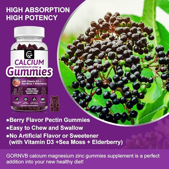 Calcium Magnesium Zinc Gummies with High Absorption Magnesium Glycinate Potassium - Plant Complex Calcium Magnesium 2:1 Ratio, with D3 Sea Moss for Bone, Muscles, Immune & Sleep Support, Vegan-3 Pack