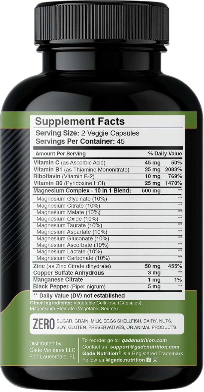 Gade Nutrition Magnesium Complex 10 in 1 with Magnesium Glycinate, Citrate, Malate, Oxide, Taurate, Aspartate, Gluconate Ascorbate Lactate Carbonate Zinc Copper Manganese & Vitamin C B1 B2 B6