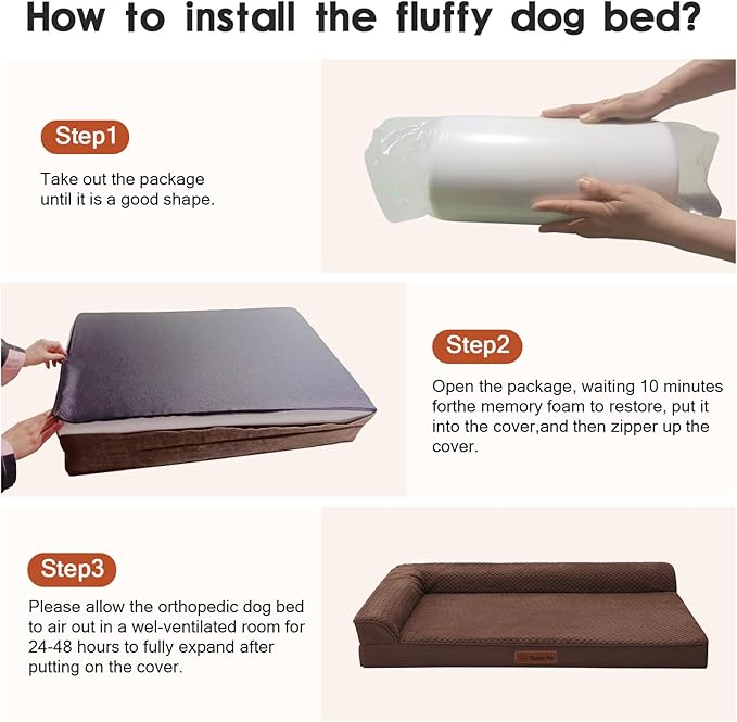 Orthopedic Dog Beds Large Sized Dog, 3 Inch Memory Foam Pet Bed for Medium and Large Dogs, Washable Removable Cover, Nonskid Bottom, Waterproof, 44x32 Inches XXL Brown Grey