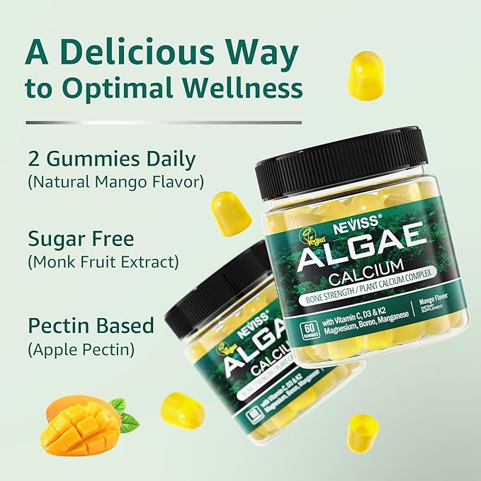 Calcium Gummies for Women, Sugar Free Calcium Supplement from Sustainable Algae (3rd Party Tested) with Vitamin D3 K2, C, Zinc, Boron, Manganese for Bone Strength, Calcium Absoption, Vegan, 60 Counts