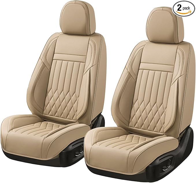 KEYOOG 2-Seater Waterproof and Breathable Nappa Leather Car Seat Covers Full Set, Fit for Front Seats of Cars, Compatible with Airbags, Car Seat Protector Covers for Most Cars - Beige