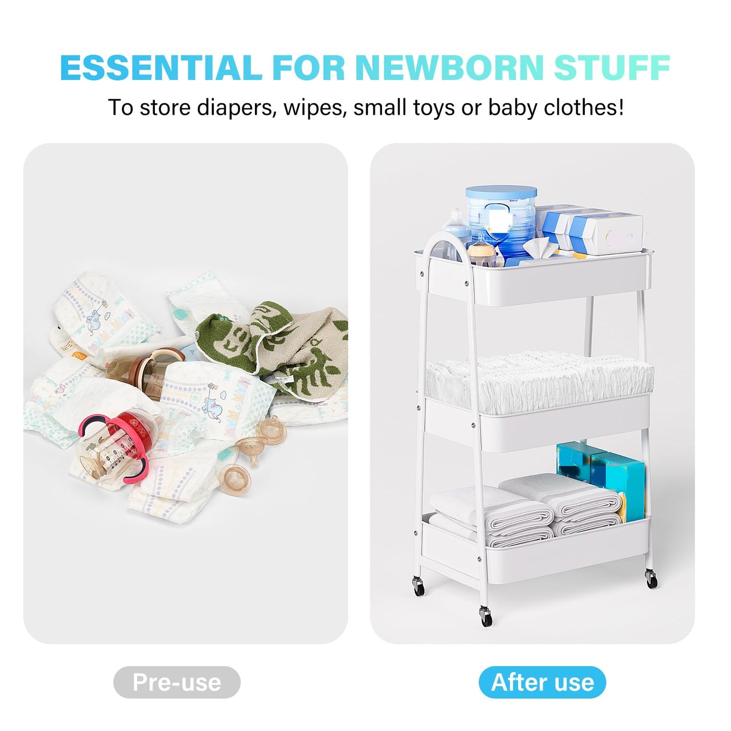 Volnamal Baby Diaper Caddy Organizer, Metal Utility Diaper Cart, Multifunction Essential Newborn Baby Registry Items, Movable Changing Station/Easy Assembly, White