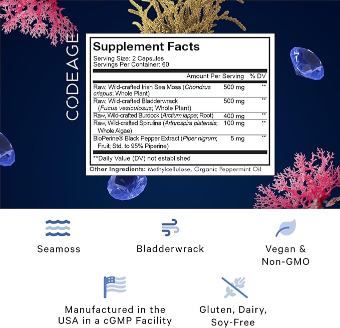 Codeage Raw Wildcrafted Irish Sea Moss Supplement, Spirulina Algae, Bladderwrack Seaweed, Burdock Root, Black Pepper, Vegan, Non-GMO, 120 Capsules