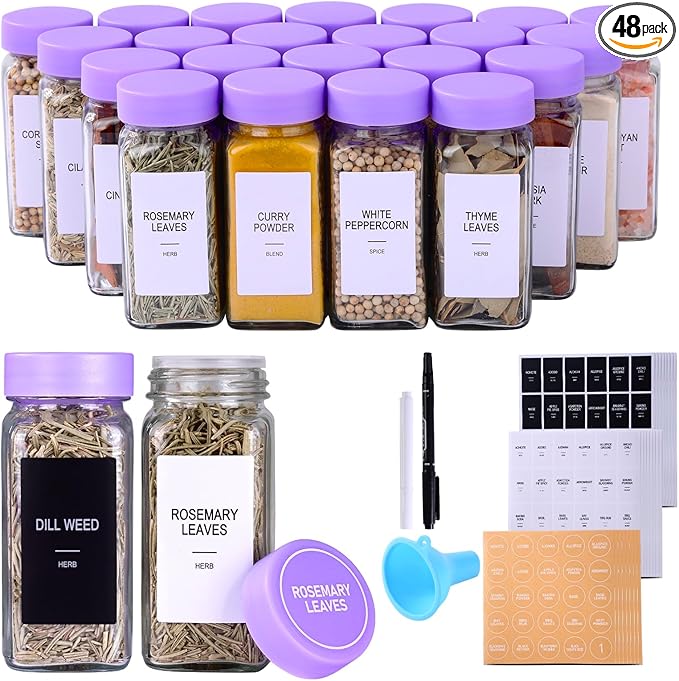 48 Glass Spice Jars with Labels, Spice Jar Set, 4oz Spice Containers, Seasoning Containers with Purple Airtight Lids and Shaker Lids, Square Empty Spice Bottles, 492 Labels, 1 Funnel