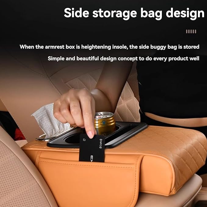 Multifunctional Pu Leather Car Armrest Box Mat, 5-In-1Multifunctional Car Armrest Cushion, Car Arm Rest Cover Pad, Center Console Organizer with Cup Holder, Tissue Box & Phone Slot (Coffee)