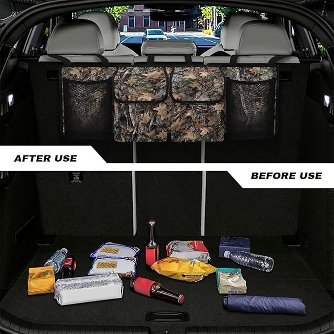 Camo Hunting Forest Car Trunk Organizer and Storage, Backseat Hanging Organizer with 4 Waterproof Storage Bag - Car Interior Accessories for SUV, Truck, Van, Cargo