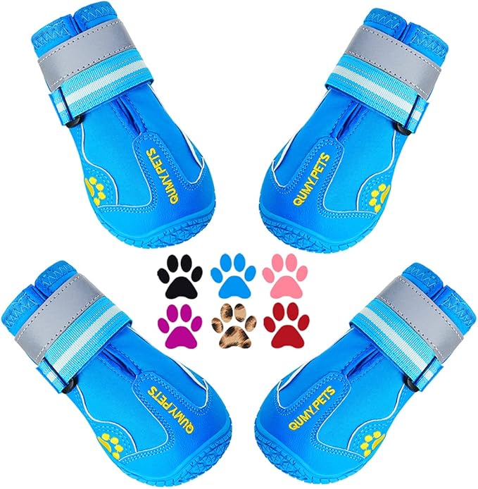 QUMY Dog Shoes for Large Dogs, Medium Dog Boots & Paw Protectors for Winter Snowy Day, Summer Hot Pavement, Waterproof in Rainy Weather, Outdoor Walking, Indoor Hardfloors Anti Slip Sole Blue 7