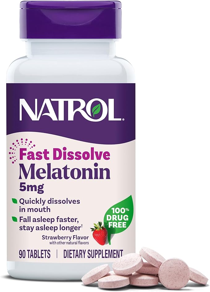 Natrol Fast Dissolve Melatonin 5 mg, Melatonin Supplements for Restful Sleep, Sleep Support for Adults, 90 Strawberry-Flavored Tablets, Up to a 90 Day Supply