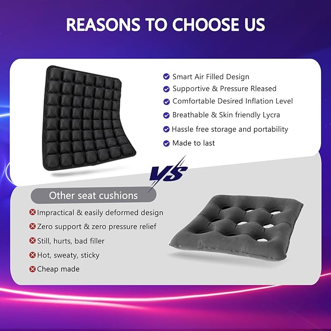 SUNFICON Air Cushion Inflatable Chair Air Seat Cushion Car Portable Breathable Comfort Cushion Office Wheelchair Pad Orthopedics Pain Pressure Relief Cushion Camping Seat Mat 18 x 16 x1 in Black