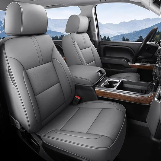 Coverado Chevy Silverado Seat Covers Full Set, Faux Leather Car Seat Covers Fit for 2014-2018 1500, 2015-2019 2500HD 3500HD Chevy Silverado GMC Sierra Crew Double Extended Cab (Gray)