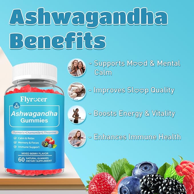 Ashwagandha Gummies, Organic Ashwa Root Extract Supplement for Women & Men, Vegan, Gluten-Free, Mixed Berry Flavor, 60 Count