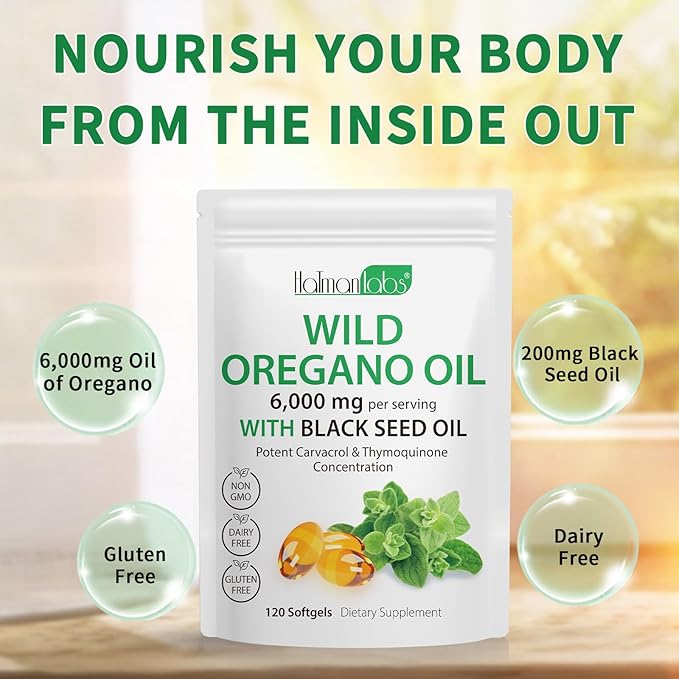 2 Pack Oil of Oregano Softgels, Oregano Oil Capsules, 165mg Carvacrol, 2 in 1 6000mg Oil of Oregano with Black Seed Oil 200mg, Oregano Oil Supplement Capsules