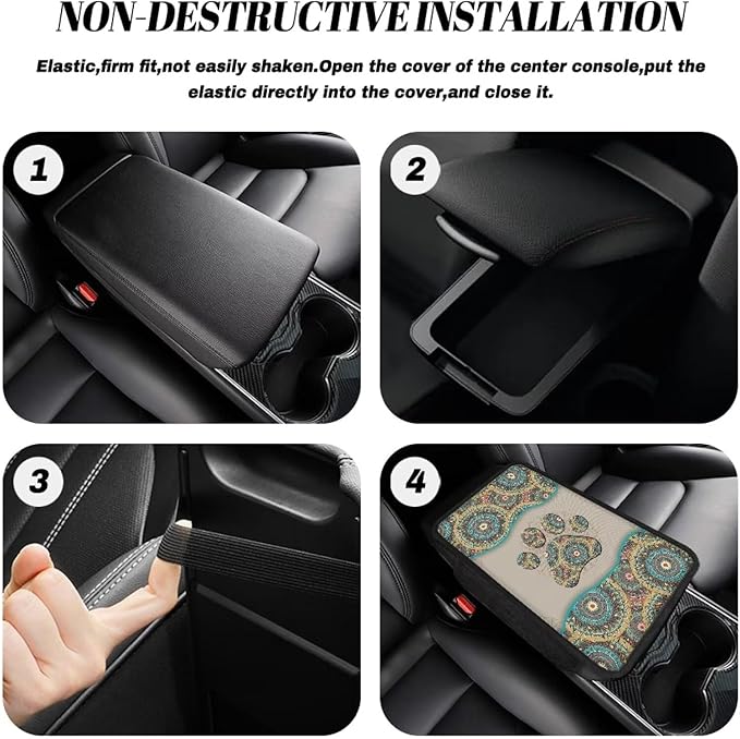 Boho Floral Dog Paw Pattern Car Center Console Cover Elastic Car Armrest Seat Box Cover Cushion Non-Slip Auto Armrest Pad with Pockets Storage Bag Car Decor Accessories