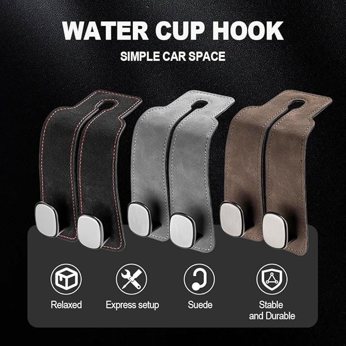 2026 New 2 in 1 Car Seat Back Storage Hook, Car Backseat Organizer Accessories, Premium Leather Headrest Hook for Auto Hooks Organizer for Handbag Purse Coat Bags (2, Grey)