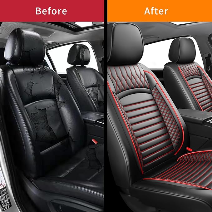 Fit Accord Car Seat Covers for Honda Accord 2003-2024 2025 2026 - Upgraded Premium Waterproof & Breathable Leather, Airbag Compatible, All-Weather Seat Cushion Protector (2 Front/Black+Red)