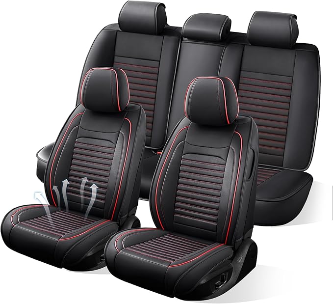 Car Seat Covers Full Set Fit for Toyota RAV4 2001-2026, Premium Faux Leather Car Seat Protector,Breathable Anti-Slip Full Wrapping Edge Seat Covers(Black&Red,Full Set)