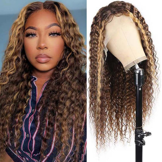 Highlight Ombre Curly Lace Front Wig Human Hair 180% Density Honey Blonde Deep Wave Lace Front Wigs Human Hair 13X4 Swiss Human
