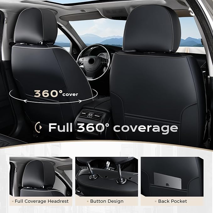 Coverado Full Set Car Seat Covers, Black Leather Seat Protectors, Luxury Front & Back Car Seat Covers,Waterproof Universal Fit, Automotive Seat Covers for Most Cars-Black