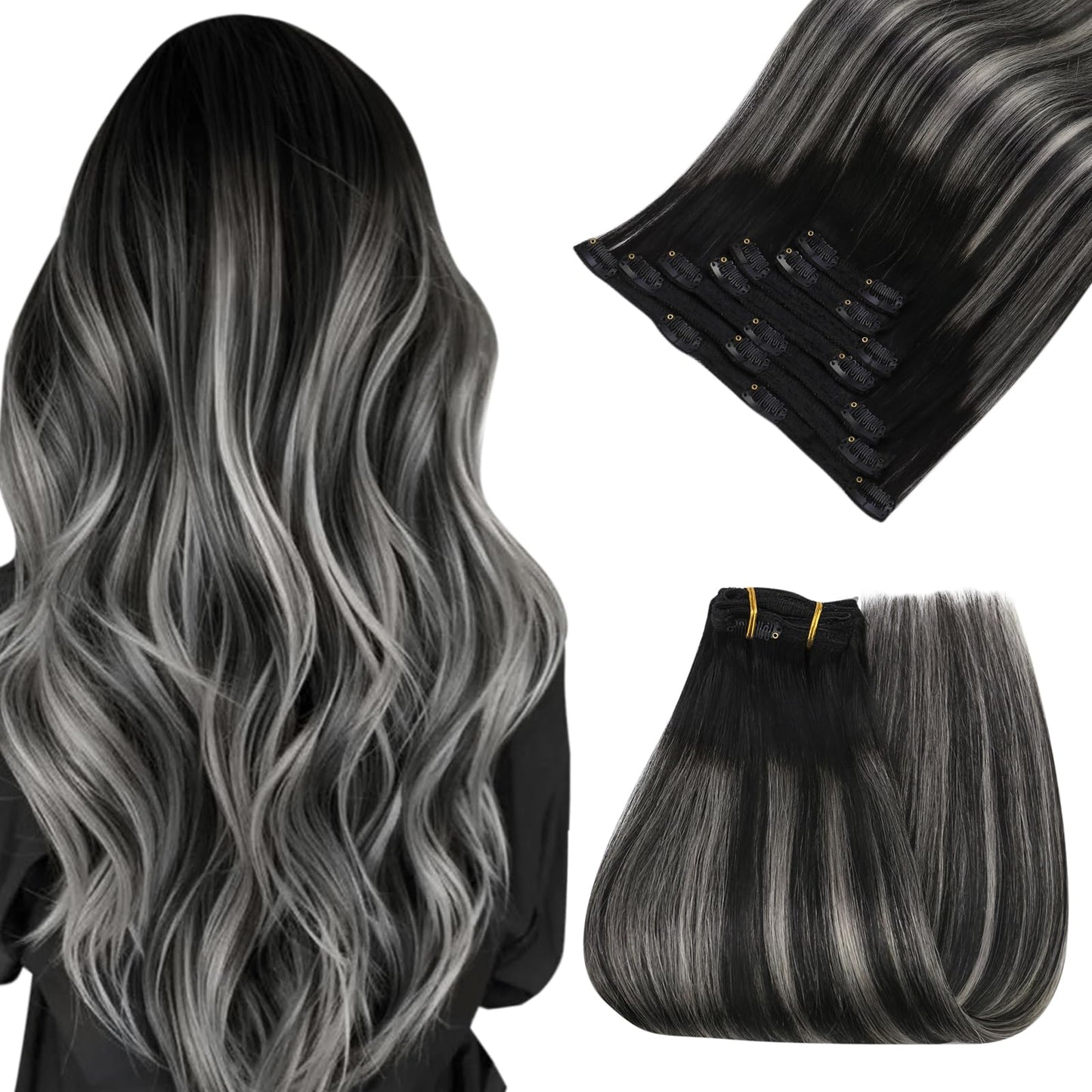 Easyouth Clip In Human Hair Extensions Ombre Thick Human Hair Clip In Extensions Blend Of Black And Silver With Black Roots Stra