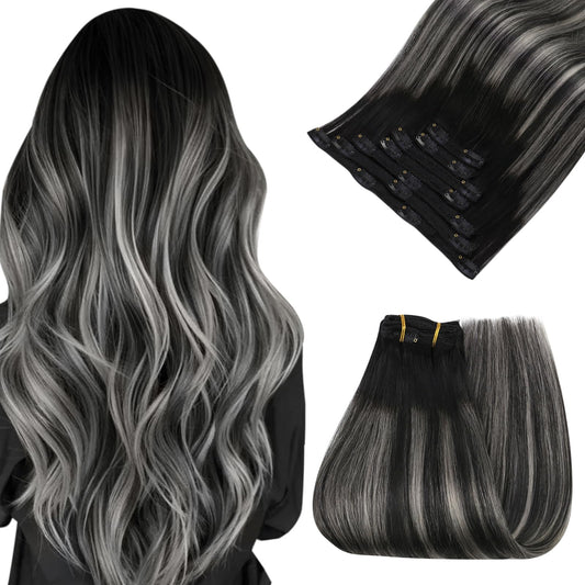 Easyouth Clip In Human Hair Extensions Ombre Thick Human Hair Clip In Extensions Blend Of Black And Silver With Black Roots Stra