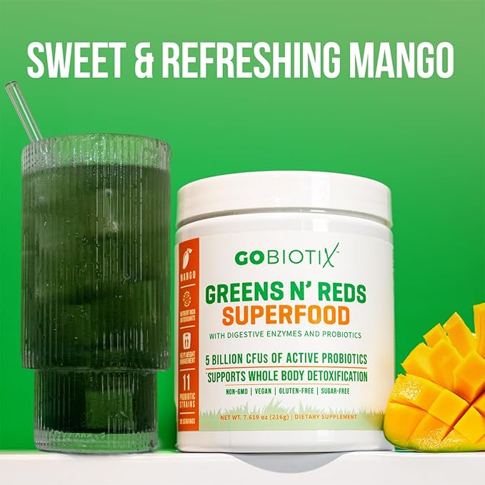 GOBIOTIX Super Greens and Reds Powder - Red and Green Superfood - Probiotic Supplement - Digestive Enzymes and Beet Root Powder - Organic Whole Foods Dietary Supplement (Mango, 1 Pack)