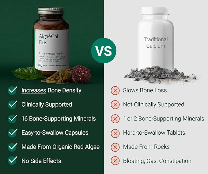 ALGAECAL Plus - Organic Red Algae Calcium Supplement, Vitamin K2 MK7 (100mg), Vitamin D3 (1600 IU), Magnesium (350mg) & Trace Minerals, for Bone Health & Strength, 120 Veggie Caps, 3 Pack