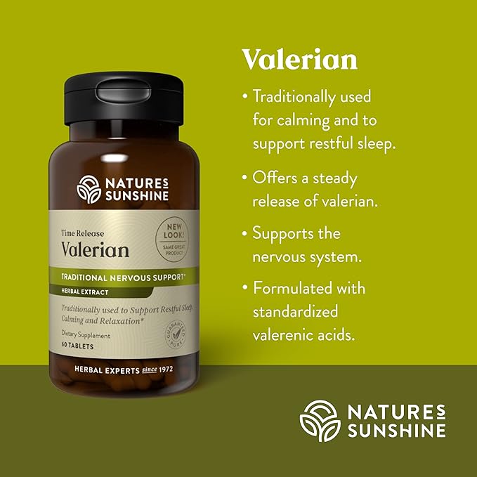 Nature's Sunshine Valerian Root Extract Time Release, 60 Capsules | Herbal Supplement Promotes Relaxation, Supports Sleep, and Delivers Natural Nervous System Support
