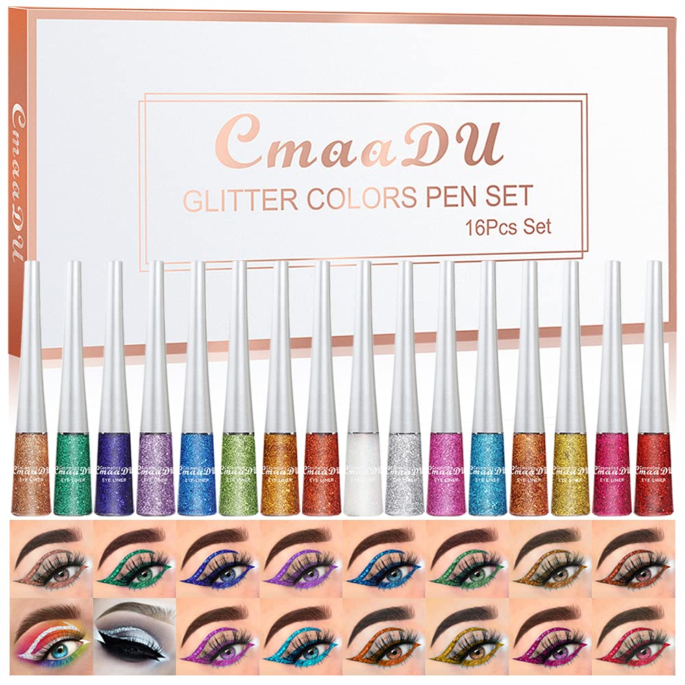 Evpct 16 Color Liquid Glitter Eyeliner Sets Eyeliner Glitter Liquid Liners For Women White Silver Rose Gold Pink Liquid Sparkly