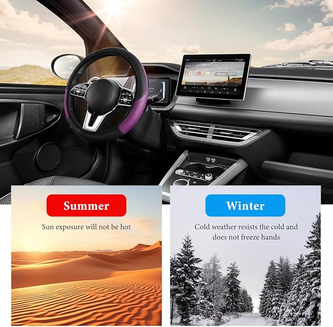 Car Steering Wheel Cover, 15 Inch Anti-Slip Stretch Leather Steering Wheel Protector, Comfortable Breathable Sporty Steering Wheel Cover for Women Men, Car Accessories (Black & Purple, AD)