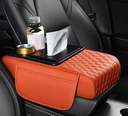Car Armrest Center Console Cover for Genesis GV70 2021–2025, Center Console Pad with Cup Holder, Multifunctional Armrest Cushion,F Orange