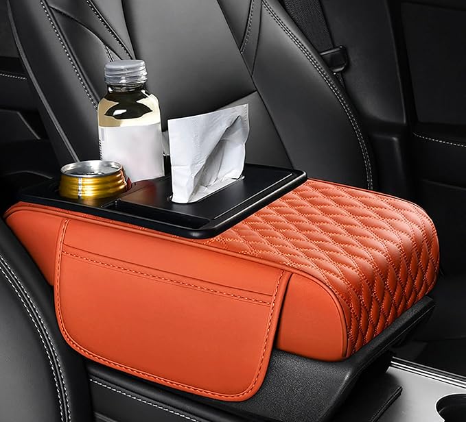 Car Armrest Center Console Cover for Subaru XV/Subaru Crosstrek (GP) 1.Gen 2012 2013 2014 2015 2016 2017, Center Console Pad with Cup Holder, Multifunctional Armrest Cushion,F Orange