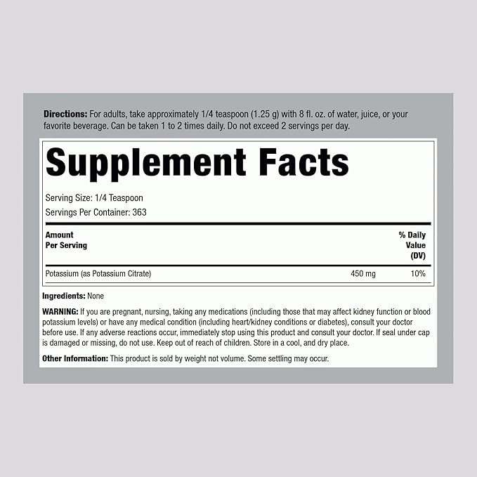 Piping Rock Potassium Citrate Powder Supplement | 1 lb | Unflavored | Vegetarian, Vegan, Non-GMO, Gluten Free