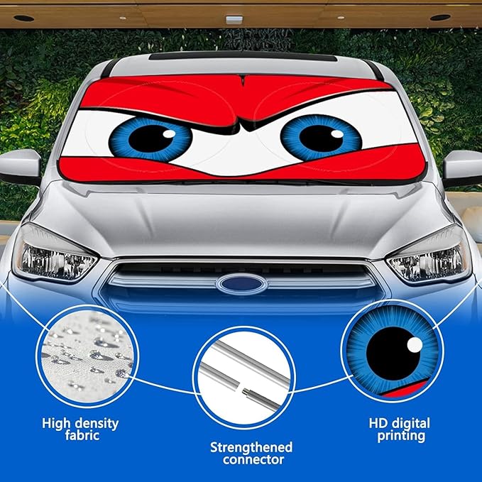 Car Windshield Sun Shade, Funny Eyes Sun Visor, Wear-Resistant Black Tape, Foldable 160x86cm/63x33.86inch