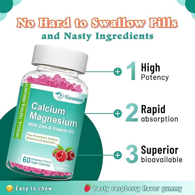 High Absorption Calcium Gummies, Calcium Magnesium Zinc with Magnesium Glycinate, Potassium, Vitamin D3 for Women & Men- Raspberry Flavored 60 Cts