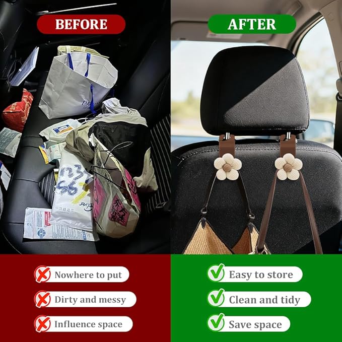 4PCS Car Headrest Hooks, Purse Hook for Car, Cute Flower Auto Backseat Organizer Hanger for Purse Grocery Bag Coat, Auto Seat Back Organizer Storage Hanger Holder Fit Vehicles (Orange/Beige)