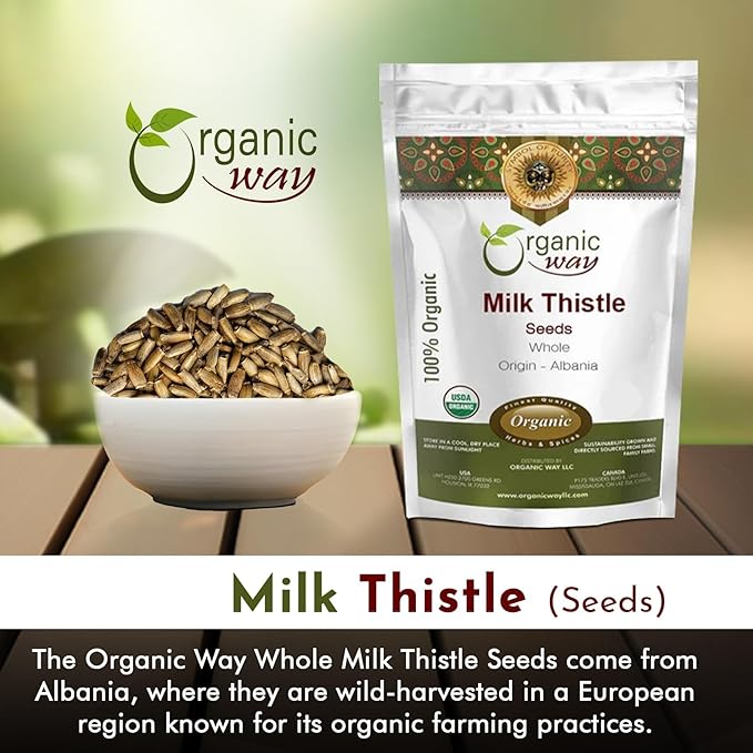Organic Way Whole Milk Thistle Seeds (Silybum marianum) - European Wild-Harvest, Organic & Kosher Certified, Vegan, Non GMO & Gluten Free, USDA Certified, Origin - Albania (4 Oz)
